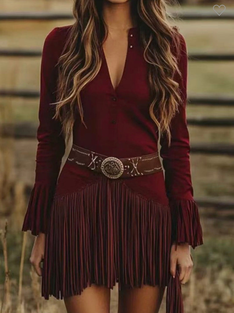 The Perfect Fall Look: Burgundy Fringe Dress with Western Charm featuring stylish fringe and a fashionable belt.