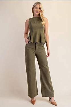 Sleeveless fItted Top and Straight Leg Suede Pant Suit - Evergrace by Cestlavie at women’s boutique for professional women’s clothing
