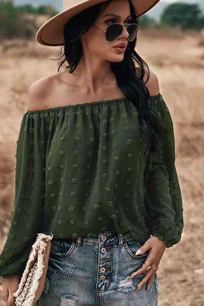 Off shoulder dotted top in sage color, perfect for women's boutique fashion, stylish and modest.
