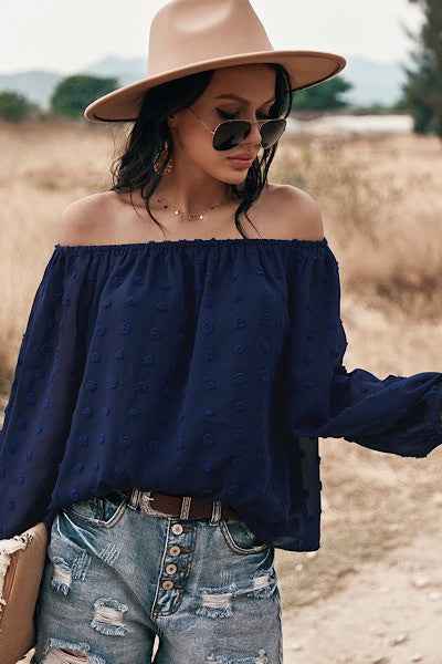 Off shoulder dotted top - Women's boutique fashion top in navy