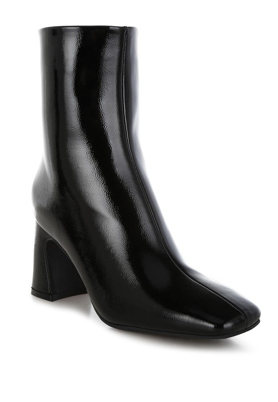 Kostaka Patent Square Toe Ankle Boots for women’s boutique fashion