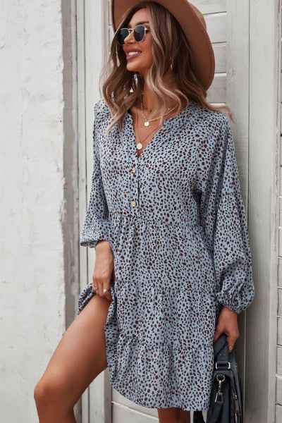 Dotted ruffled long sleeve tiered dress from women’s boutique