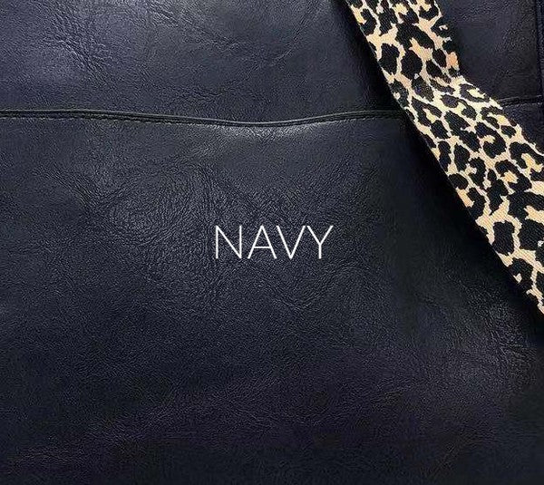 Crossbody Handbag Purse Leopard Animal Strap in navy with leopard strap