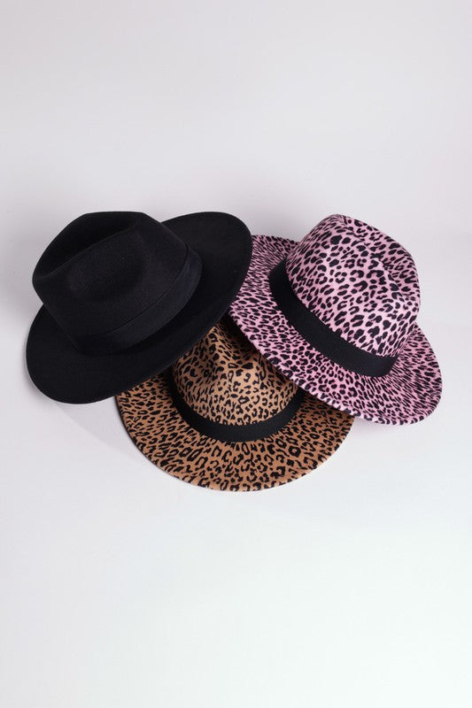 Faux Suede Gatsby Style Fedora collection in black, leopard, and pink; trendy accessory for women's fashion boutique.