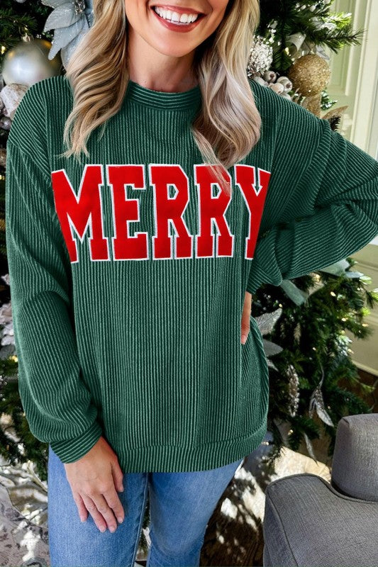 Christmas Merry Corded Knit Long Sleeve Top for women’s fashion, perfect for festive occasions. Trendy ladies tops at women's boutique.