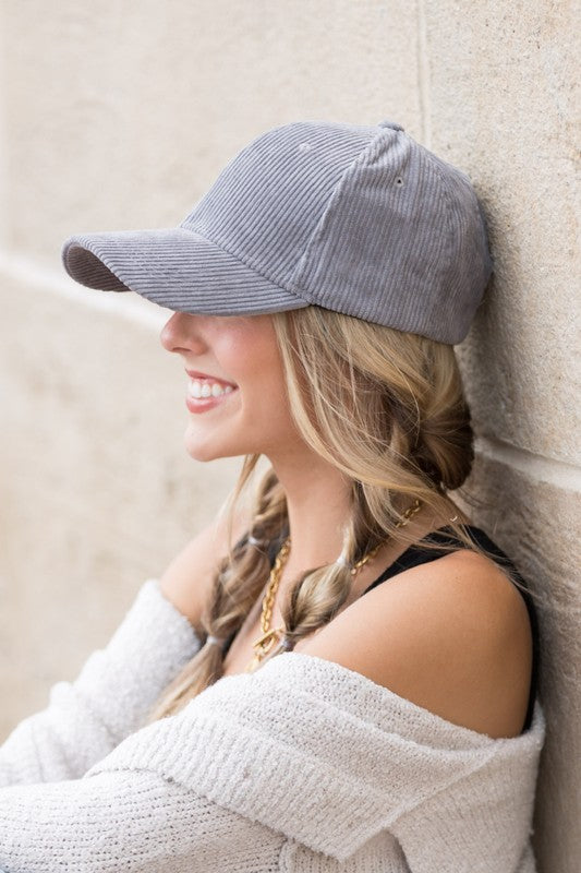 Corduroy Boyfriend Ball Cap worn by model, women’s boutique fashion