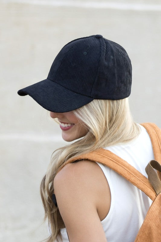 Woman wearing Corduroy Boyfriend Ball Cap, stylish and comfy