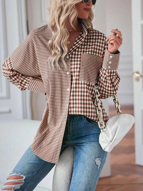 Plaid button up top from women's boutique for stylish looks.