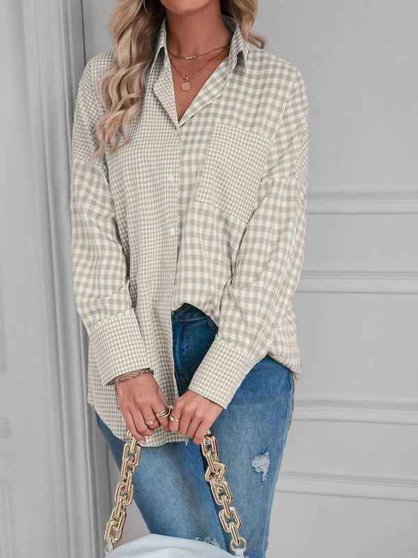 Plaid button up top from women’s boutique for casual style