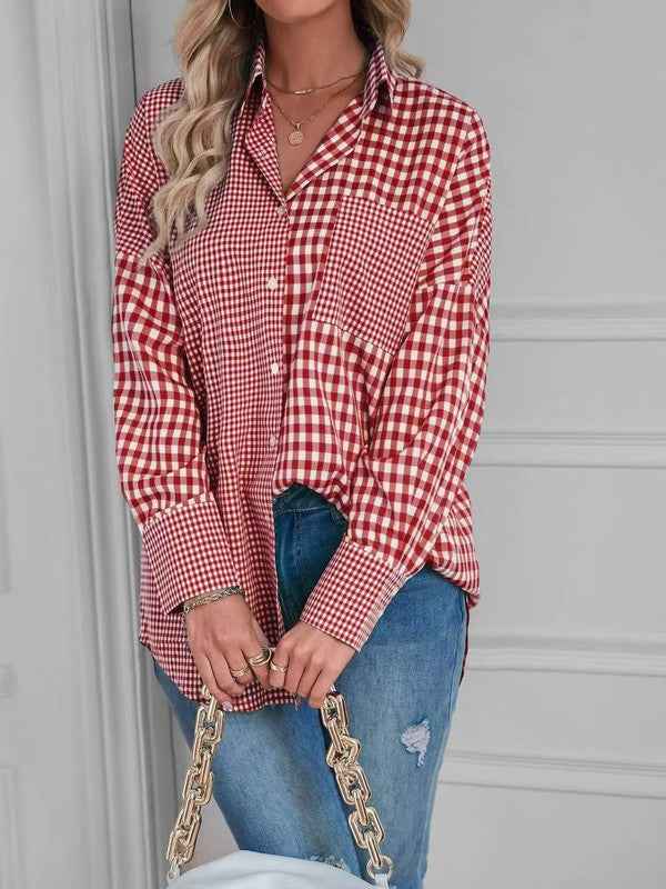 Plaid button up top for women’s boutique fashion, stylish shirt.