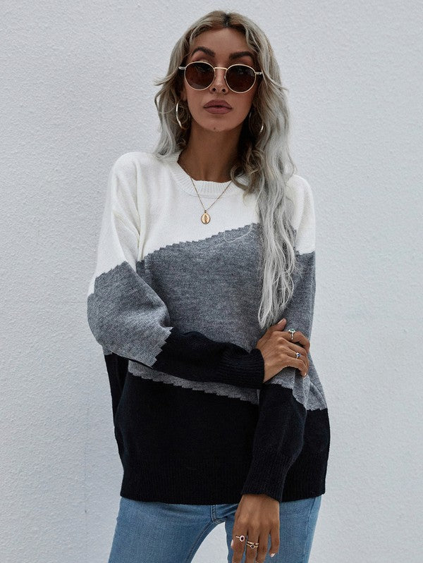 Women's Long Sleeve Round Neck Sweater in trendy color-block design, perfect for women’s boutique and modern women's fashion.