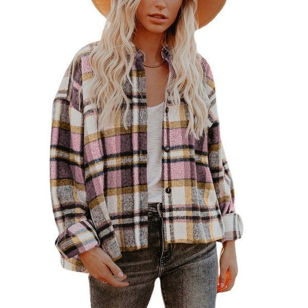 Women's Plaid Shacket styled with casual jeans and a hat, perfect for women's boutique fashion and trendy looks.