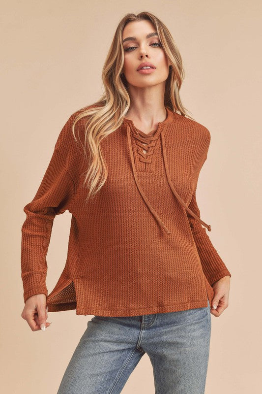 Carole Sweater in rust brown, oversized fit for women’s boutique.