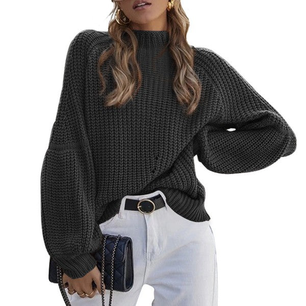 Women's Long Sleeve Mock Neck Loose Fit Sweater in grey