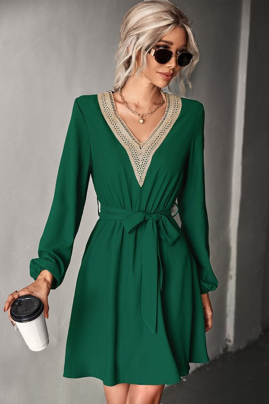 Women's Long Sleeve V Neck Mid Dress in green, perfect for ladies fashion and casual dresses for women.