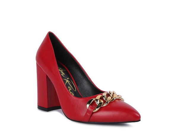 Majesty Block Heel Pumps in red with chain detail, women’s boutique
