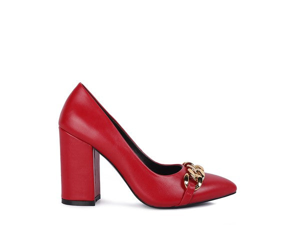 Majesty Block Heel Pumps in red faux leather with gold chain detailing, perfect for women’s boutique fashion.
