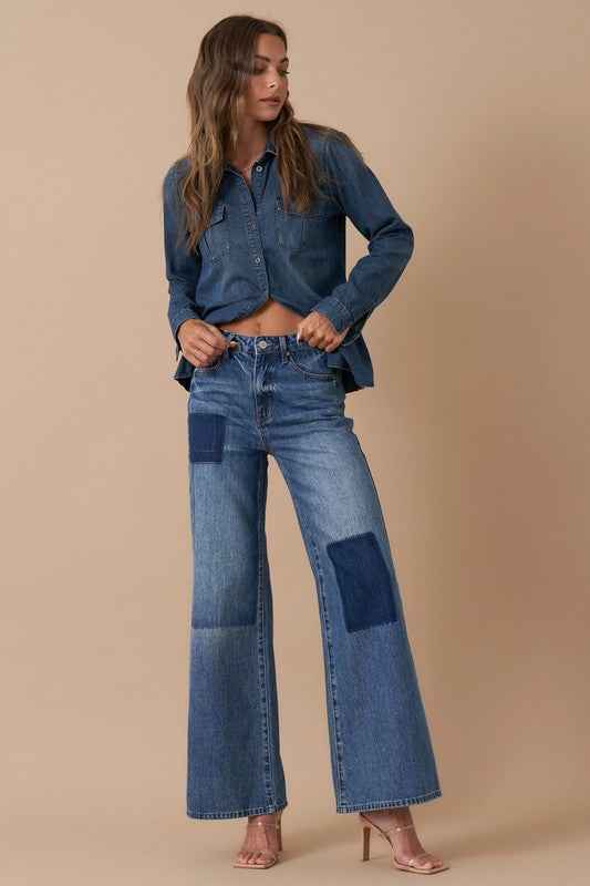 RELAXED WIDE LEG PATCHWORK JEANS for women’s boutique fashion.