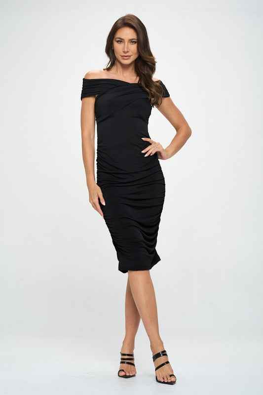 Solid Off Shoulder Midi Bodycon Dress with Ruched for women’s boutique
