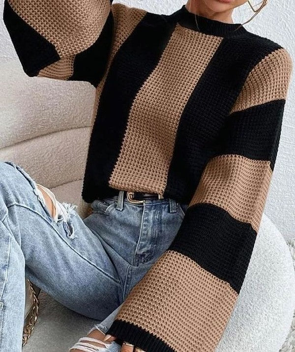 Color block striped bell sleeve sweater for women’s boutique