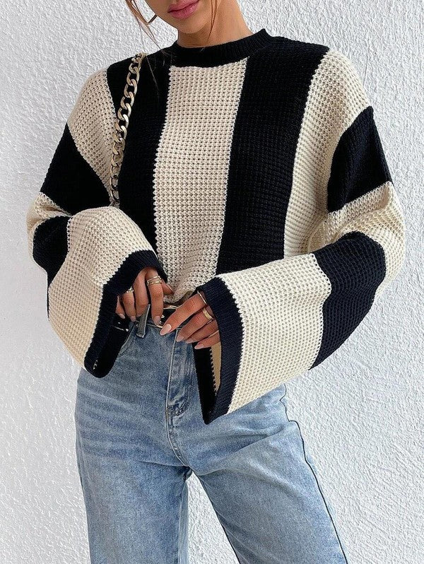 Color block striped bell sleeve sweater from women’s boutique