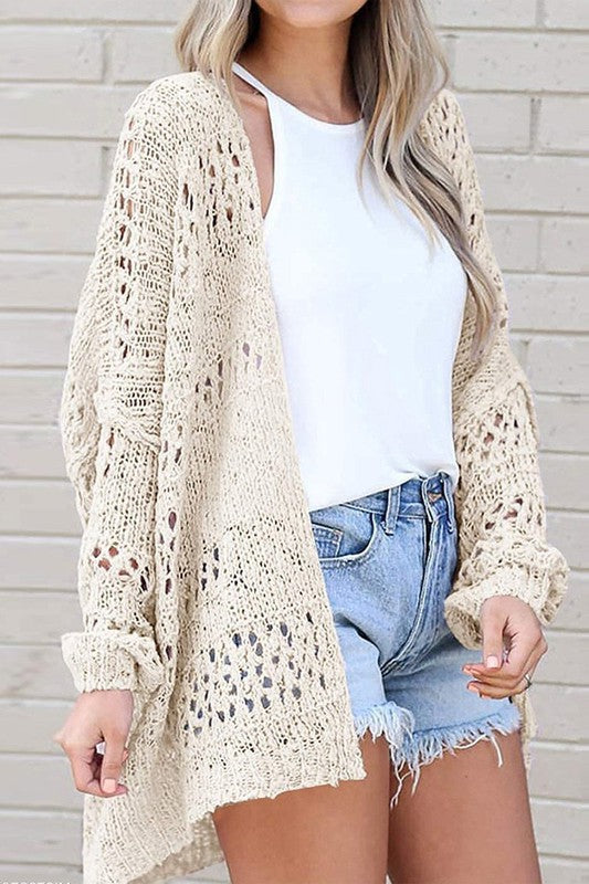 Women’s stylish Crochet Dolman Knit Sleeve Cardigan perfect for casual dresses for women at a women’s boutique.