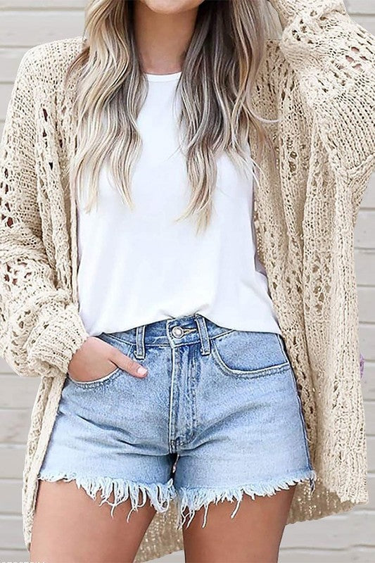 Fashionable Crochet Dolman Knit Sleeve Cardigan for women’s boutique paired with casual outfit for trendy ladies clothing.