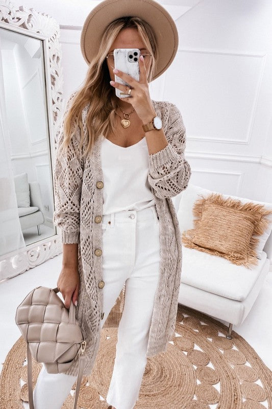 Eyelet sweater button cream black pink cardigan women’s boutique