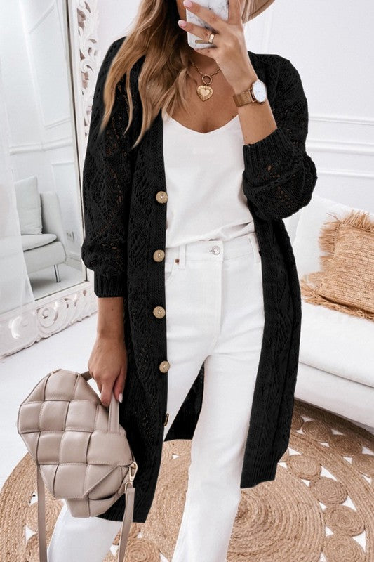 Eyelet sweater button cream black pink cardigan at women’s boutique