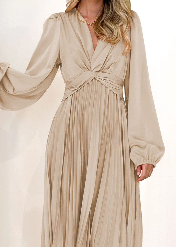 Pleated long sleeve dress in beige for women’s boutique