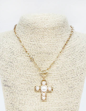 Gold Open Chain with Toggle and Pearl Studded Cross 18" Necklace - Evergrace by Cestlavie