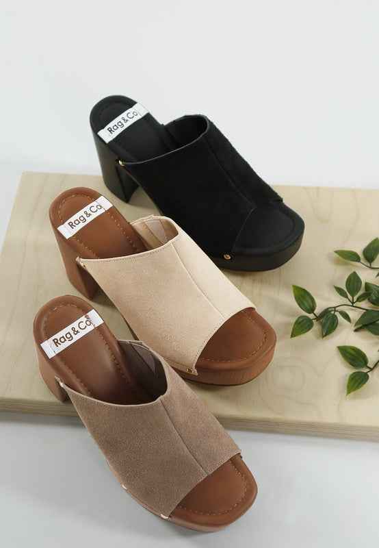Masaki Soft Suede Leather Wooden Clogs in three colors.