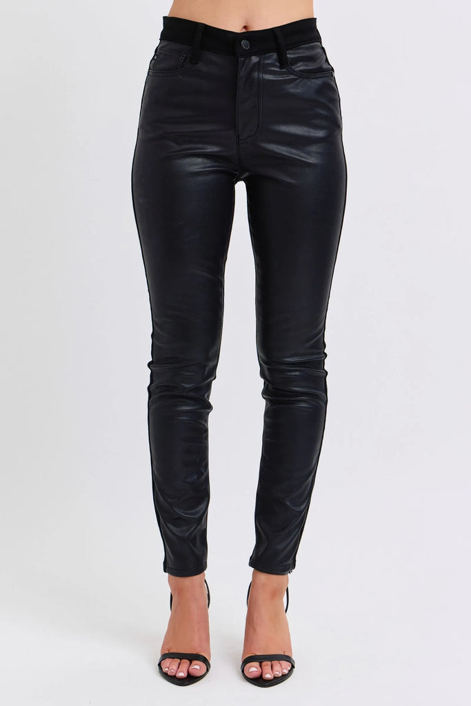 Judy Blue Plus Size HW Faux Leather Skinny Pants showcasing modern women’s fashion in a trendy women’s boutique style.