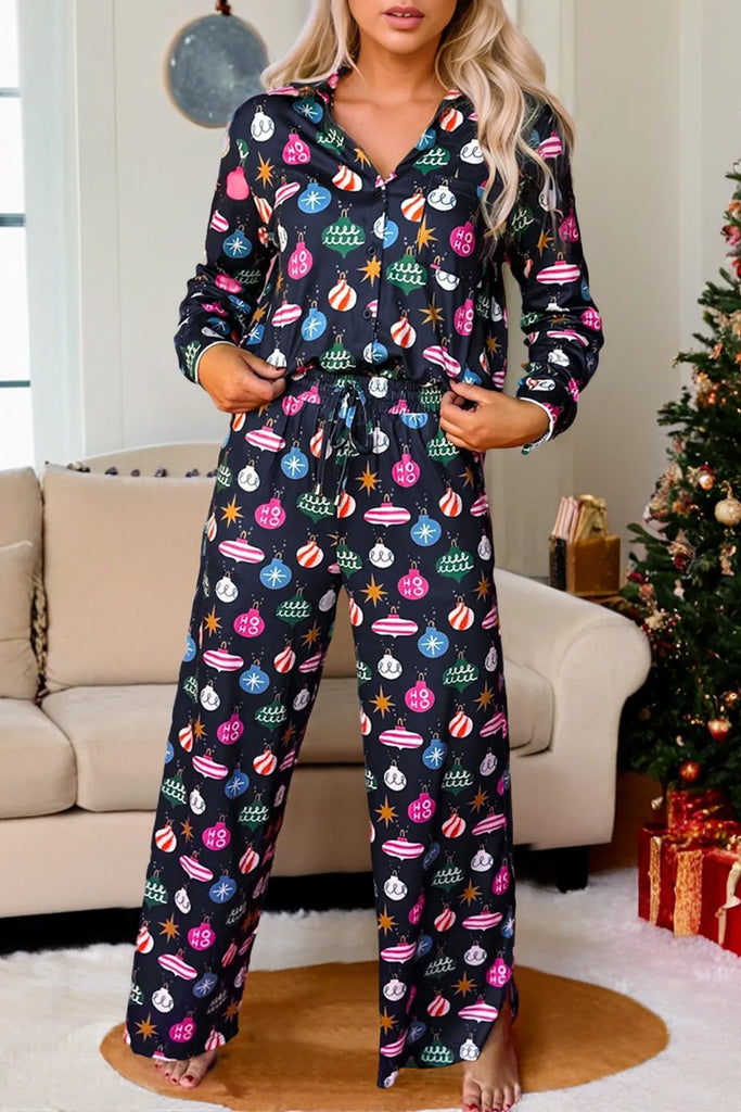 Christmas Lights Print Collared Neck Top and Pants Set for women’s boutique, showcasing festive women's clothing in a stylish design.