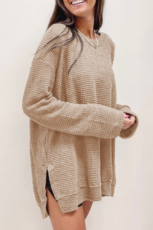 Waffle Knit Drop Sleeve Side Slits Oversized Top from women’s boutique