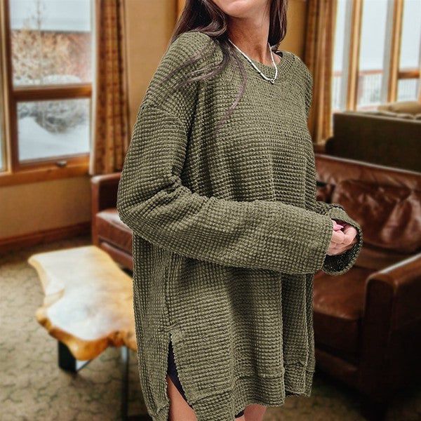 Waffle Knit Drop Sleeve Side Slits Oversized Top in olive green