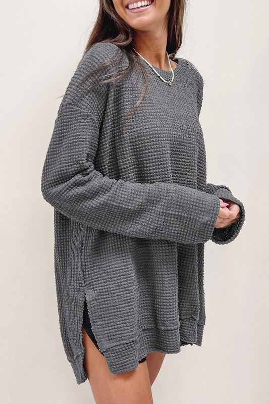 Waffle Knit Drop Sleeve Side Slits Oversized Top in gray