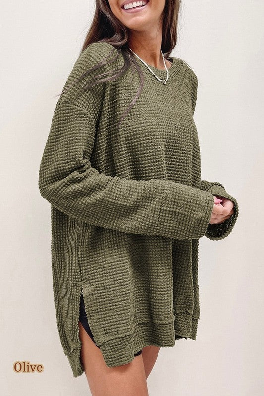 Waffle Knit Drop Sleeve Side Slits Oversized Top in Olive