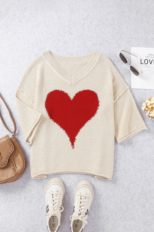 Cotton Khaki Beige cream Casual Heart Knit Sweater - women’s boutique.