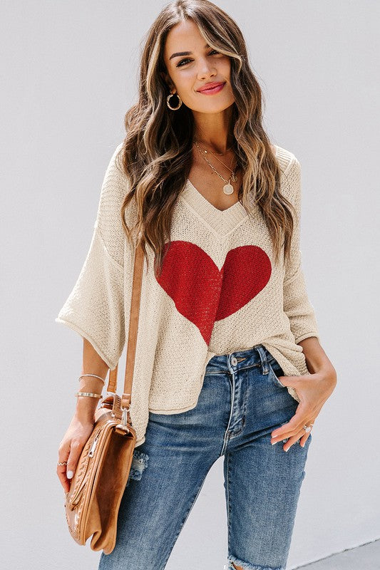 Cotton Khaki Beige cream Casual Heart Knit Sweater at women’s boutique