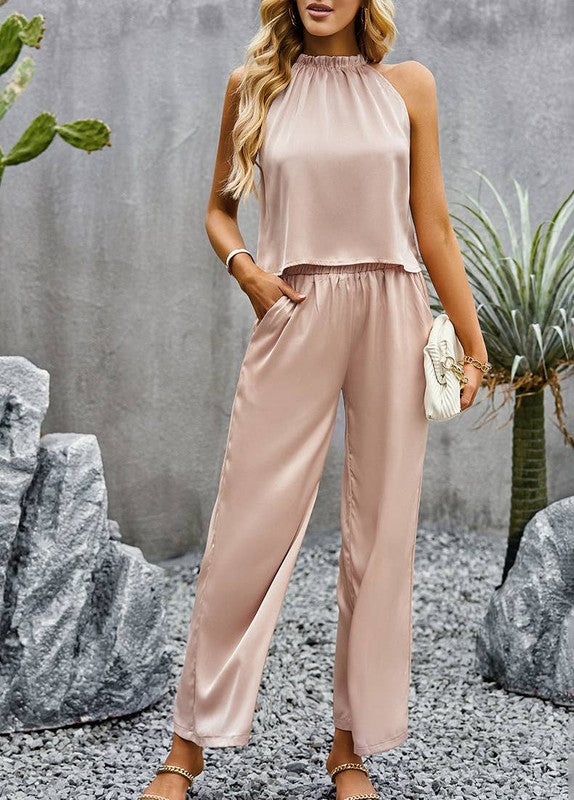 Women's 2 Piece Outfits Cropped Wide Leg pants Set in soft satin fabric, perfect for women’s fashion and casual dressing.