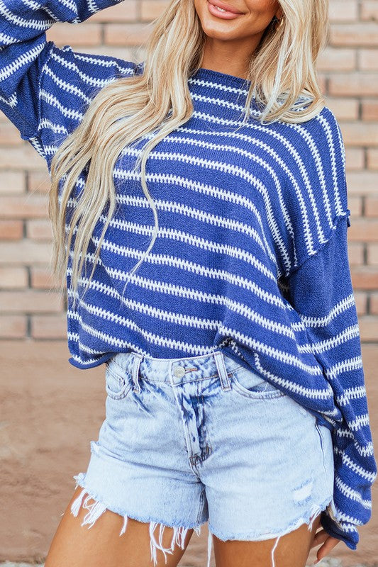 Casual Stripe Round Neck Drop Shoulder Sweater for women’s boutique