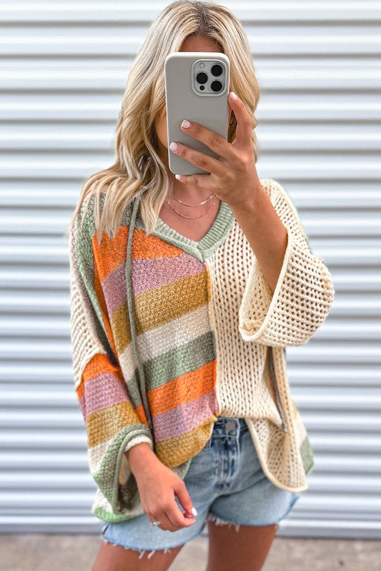 Women Oversized Colorblock V Neck Hooded Sweater for women.