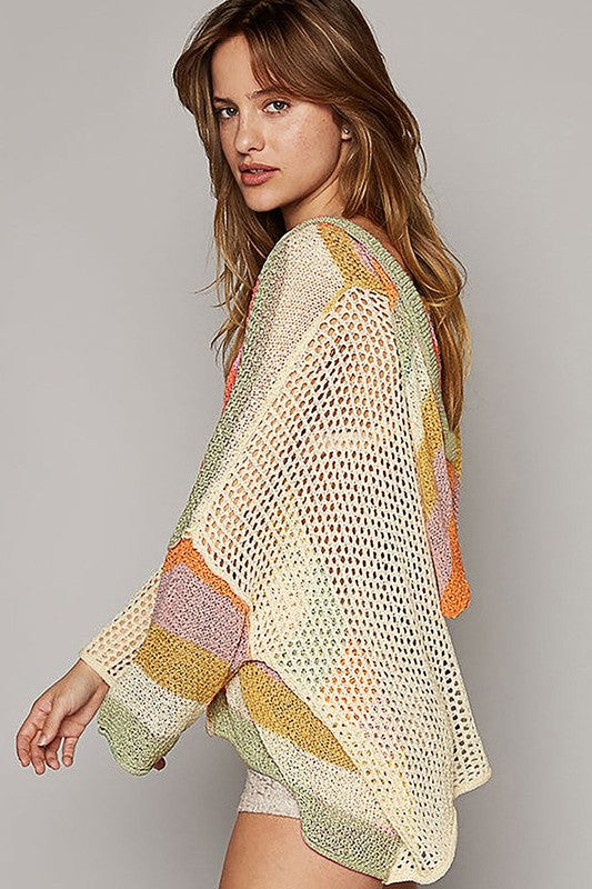 Women Oversized Colorblock V Neck Hooded Sweater - women's boutique fashion.