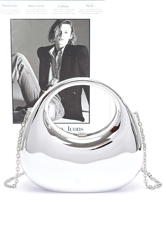 Polished Molded Top Handle Clutch, a stylish accessory from a women's boutique, perfect for elegant event dresses.