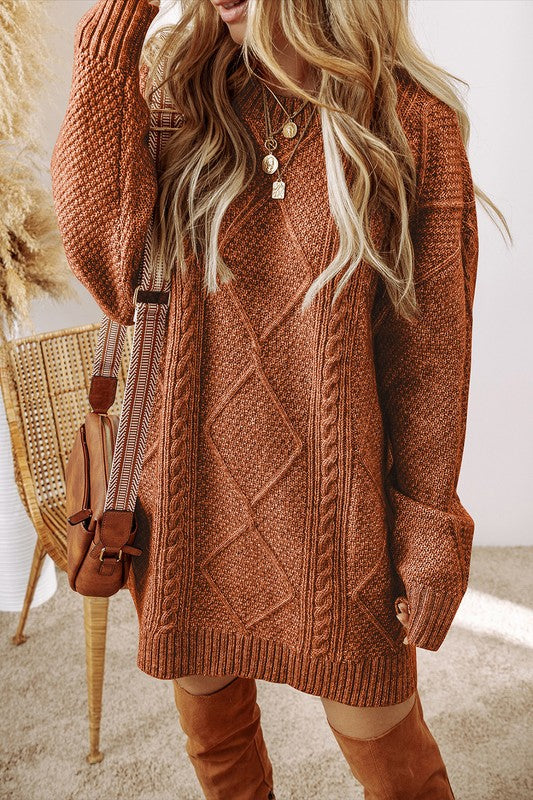 Women Knit Drop Shoulder Loose Fit Sweater Dress in rust color, perfect for ladies fashion and casual women's dresses.
