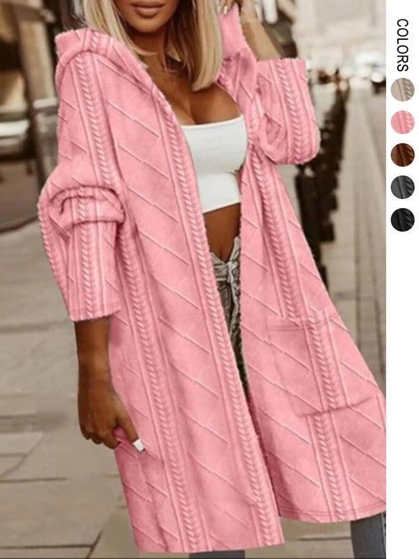 Womens Long Cardigans Cable Knitted Open Front in pink, stylish and warm with pockets, perfect for casual outfits from a women's boutique.