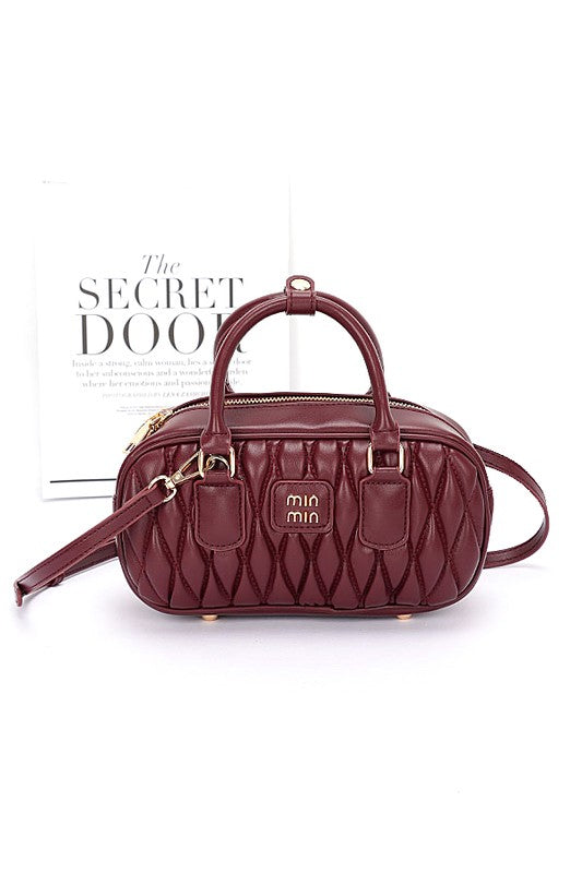 Faux Leather Quilted Top Handle Swing Bag in burgundy, stylish accessory for women’s boutique and ladies fashion.