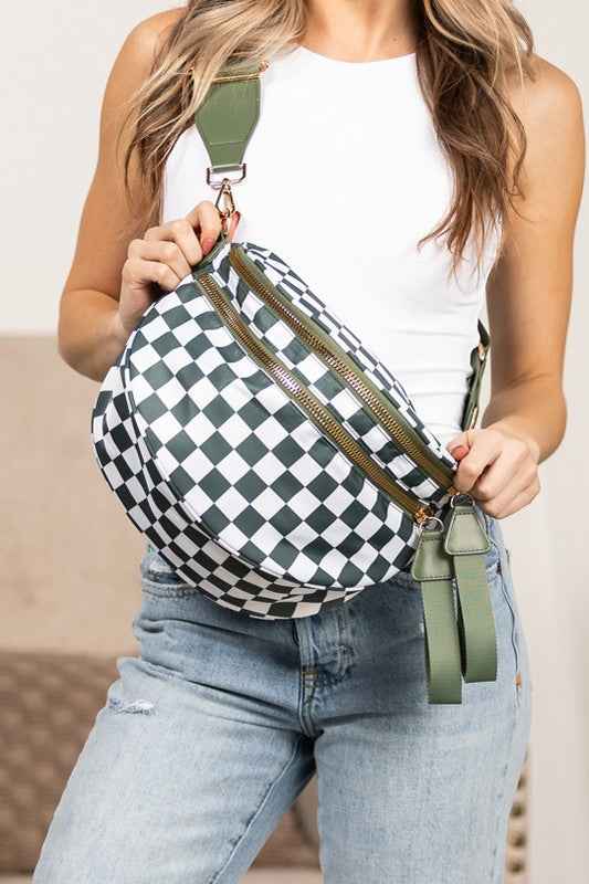Frankie Oversize Double Zip Print Crescent Sling in checkered pattern, stylish sling bag for women’s boutique fashion.