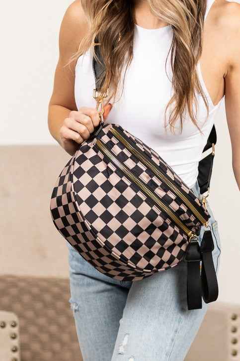 Frankie Oversize Double Zip Print Crescent Sling in checkered pattern, women’s boutique stylish bag.